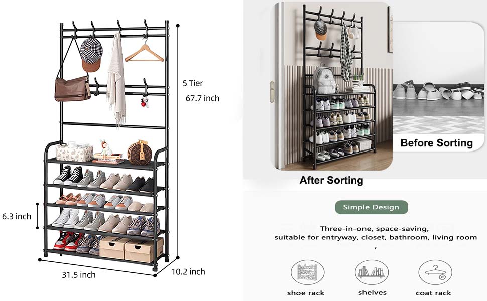 5-Layer Shoe and Coat Rack Stand, Coat Rack Shoe Bench With 8 Hooks,Metal Coat Hat Rack Free Standing Clothes Stand, Easy Assembly Organiser Multicolor