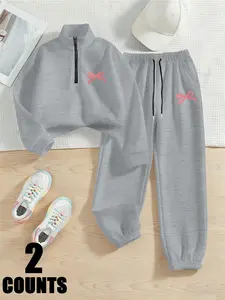 Women's Fashion Versatile Loose Fit Fall Winter Set, Bow Print Hoodie and Straight Leg Pants Two-Piece, Casual Style