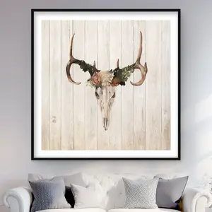 212 MAIN Framed Matted Print Wall Art - 48x48 in. Artistic Mule Deer Skull with Roses Photo, Home Decor, Room & Living Space Artwork