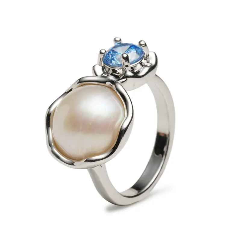 Blue Gemstone Pearl Ring with Silver Abstract Wrap Design, Elegant Statement Jewelry for Women, Anniversary Gift