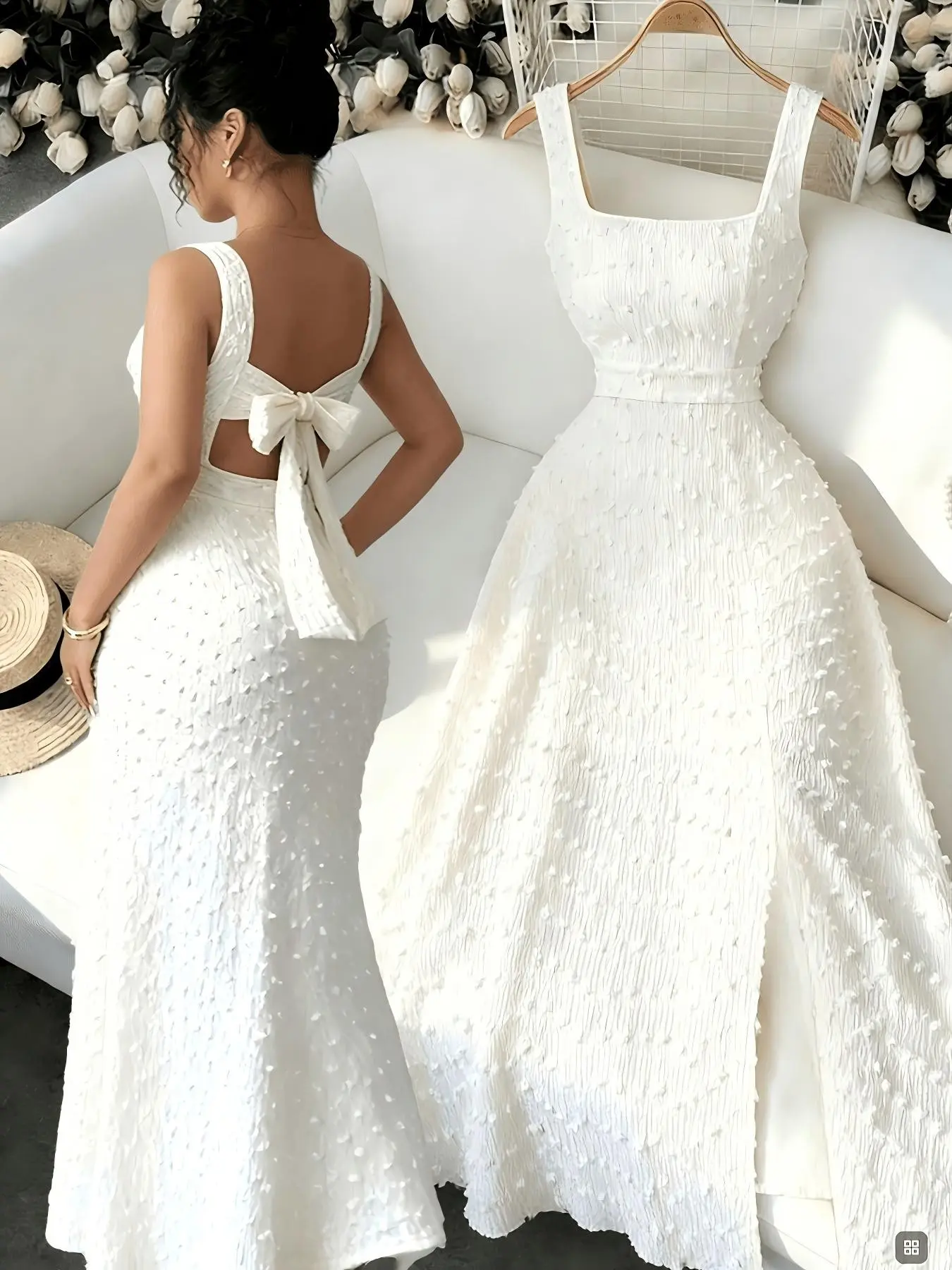 Elegant Chic Square Neck Sleeveless Knit Dress, Backless Bow Design, Thigh Split, Party Gown, Formal Wear, Sexy and Smart, Casual Daily Wear, Date Night, Vacation, Womenswear