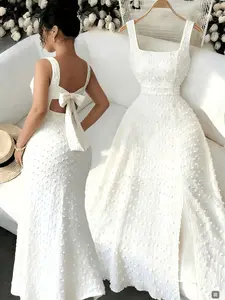 Elegant Square Neck Sleeveless Knit Dress, Backless Bow Design, Thigh Split, Party Gown, Formal Wear, Sexy and Smart, Casual Daily Wear, Date Night, Vacation, Womenswear