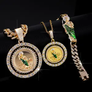 San Judas Tadeo Jewelry Set, Cadena y Pulsera San Judas, Saint Jude Pendant Necklace Bracelet Set, Rhinestone Religious Gift for Men & Women