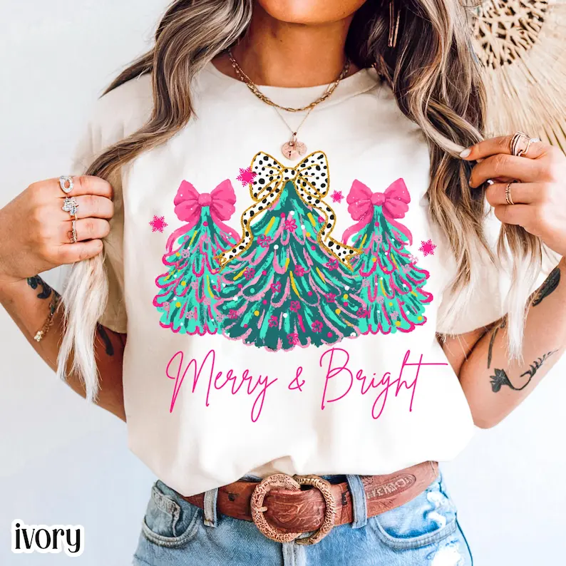 Christmas Comfort Colors Shirt Merry & Bright Xmas Tree Tee Pink Holiday Festive Bow Lights Tshirt Cute Jolly Tee Merry Christmas Tshirt