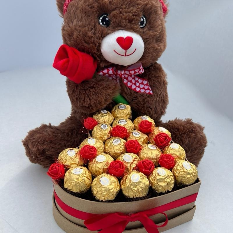 Brown Teddy Bear in Chocolate Heart Box with Red Roses and Chocolates - Ideal Snack and Dessert Ferrero Rocher