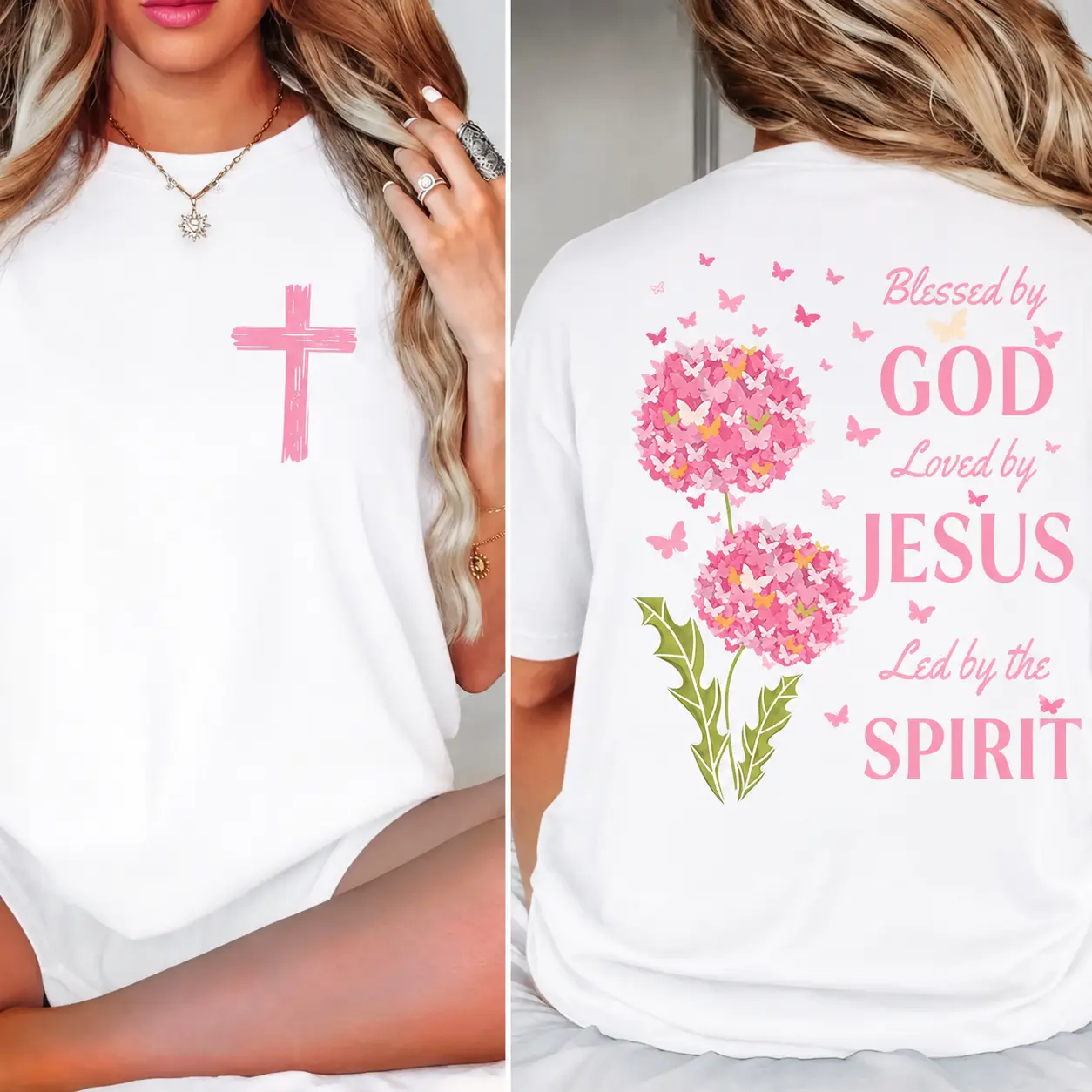 Women's Pure Cotton Graphic T-Shirts - Blessed By God Loved By Jesus Led By The Spirit, Double Print, Loose Fit, Round Neck, Short Sleeve, Pink Cross Dandelion Butterfly, Christian Faith Inspirational, All Seasons Summer Casual Streetwear Top, Comfortable