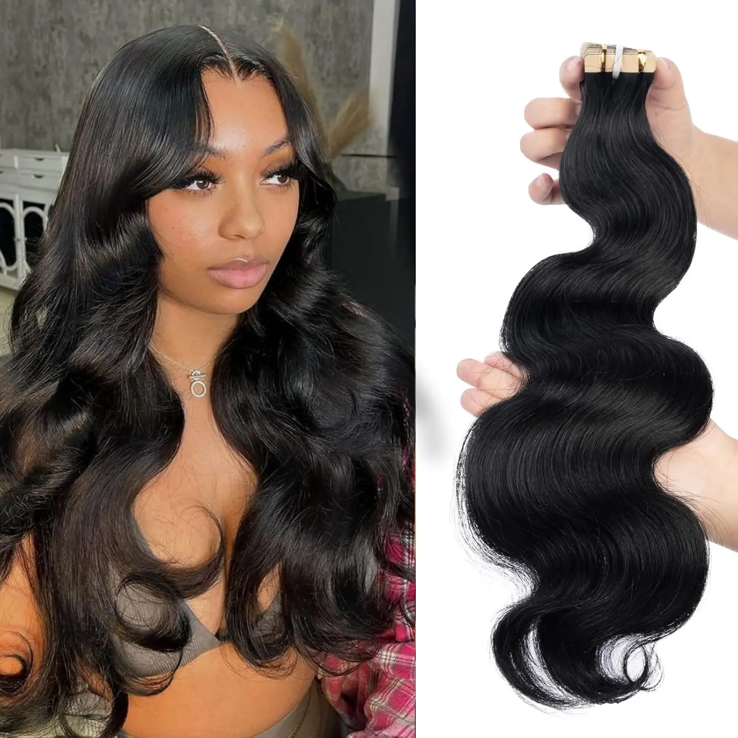 Encharm Tape In Hair Extensions Human Hair, Body Wave Black 50G 20Pcs | Remy Human Hair Extensions, Double Sided Tape, Seamless Invisible Skin Weft, Silk Straight Texture, Real Human Hair