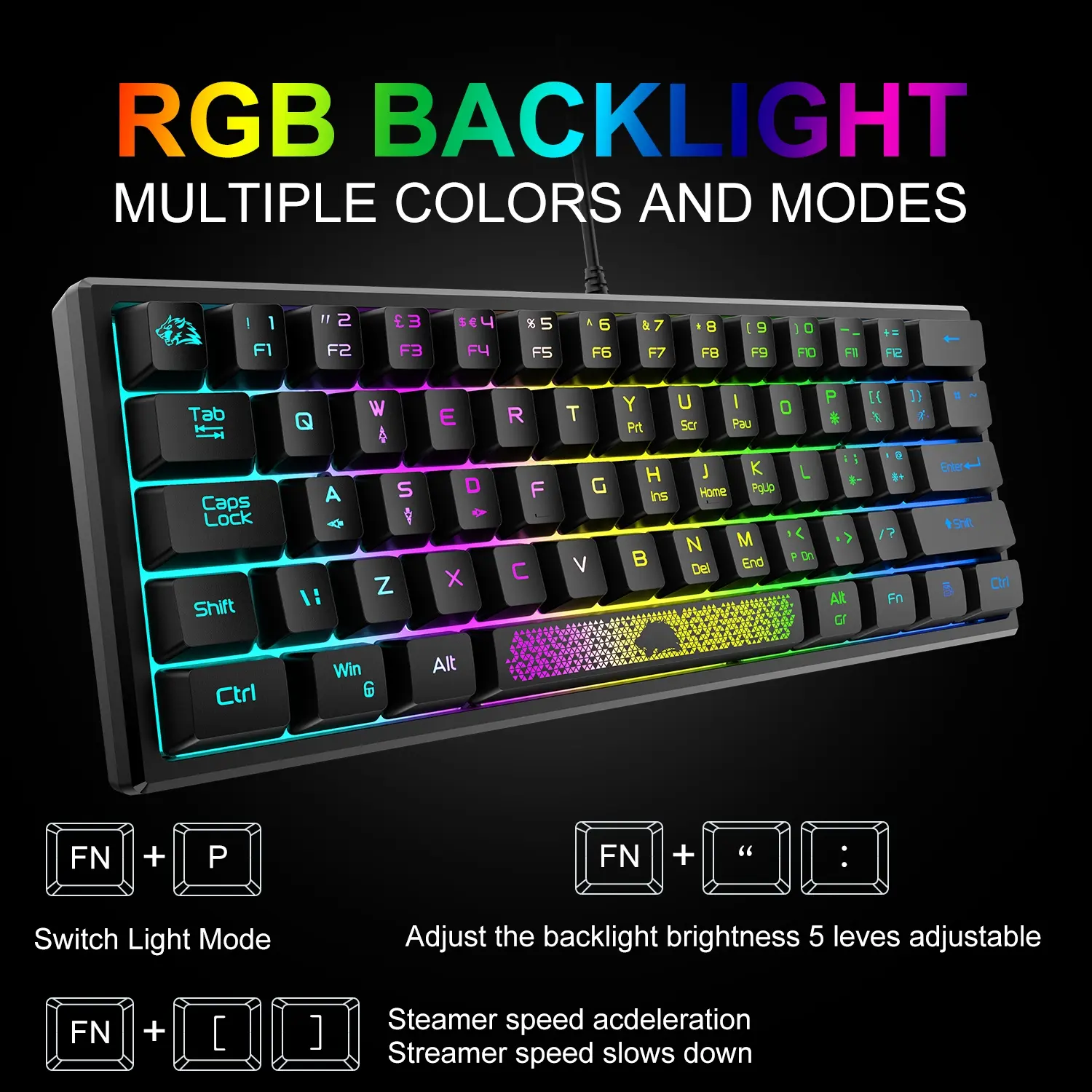 Game Keyboard with Mixed Color LED Backlight, Ultra-Compact 61 Key ...