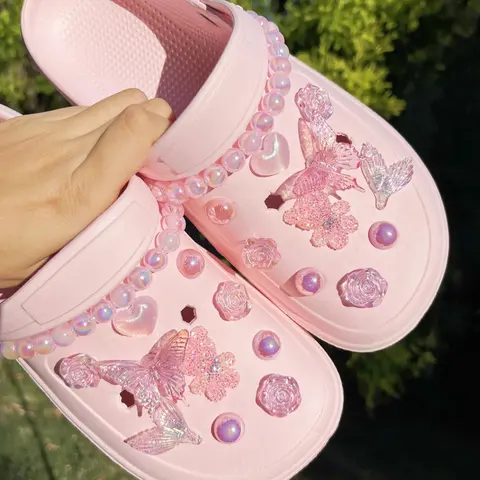 Cute Pink Butterfly & Flower Design Bling Shoe Charms, Fashionable Novelty Shoes Decorations for Clogs, Shoes Diy Accessories for Women & Girls, Charm Accessory, Sparkling Shoe Charms, Decorative Shoe Accessories