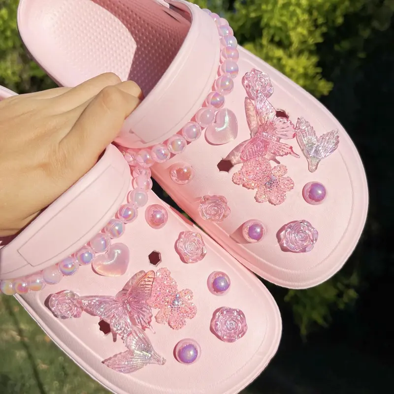 Cute Pink Butterfly & Flower Design Bling Shoe Charms, Fashionable Novelty Shoes Decorations for Clogs, Shoes Diy Accessories for Women & Girls, Charm Accessory, Sparkling Shoe Charms, Decorative Shoe Accessories