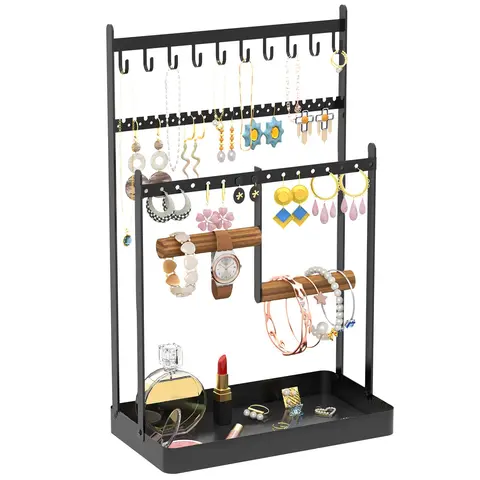 Jewellery Stand Organiser, Earring Organiser Necklace Holder, Jewellery Display Stand Holder with Metal Frame, Gift Idea, Black