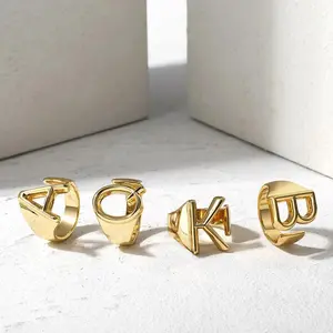 Gold Color 26 Letters Opening Ring Hollow Initials Name Adjustable Finger Rings For Women Trendy Jewelry Gift
