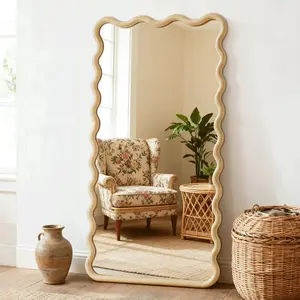 OMNIRA 55"x28" Boho Wavy Wood Full Length Floor Mirror - Home Decor Wall/Floor Mirror for Bedroom, Bathroom, Living Room