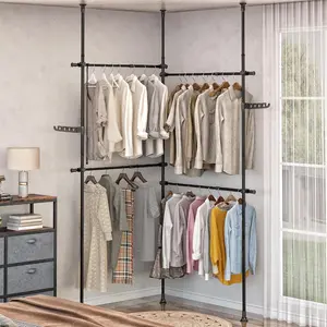 Ptah 2x2-Tier Floor to Ceiling Clothes Racks, Adjustable Clothing Rack with Tension Rod and Bag Hooks, Portable Garment Rack for Saving Space, Metal Black