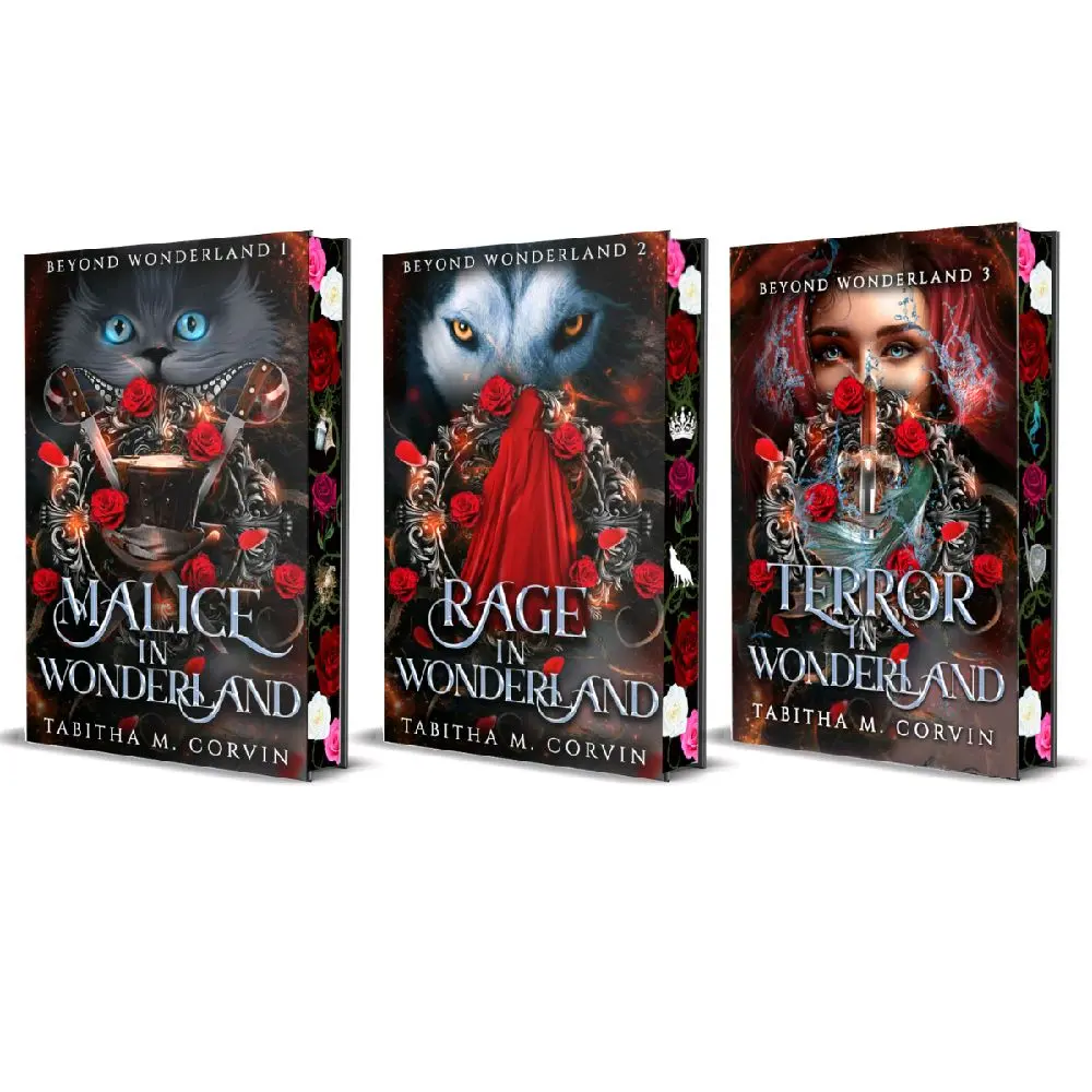 Sprayed Edges Wonderland Hardback Set by Tabitha Corvin. Alice in Wonderland beautiful book lover special print romance novel new book fiction perfect bundle bookish item sets all the tropes-=%2= perfect gift fairytale dust jacket fantasy novel