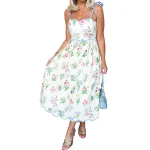 Znacicc Women's Sleeveless Floral Print Midi Dress - Adjustable Self-Tie Straps, Elastic Smocked High Waist, Contrast Color Trim, Scalloped Edge - Ideal for Beach Vacation, Wedding Guest Outfits and Casual occasions