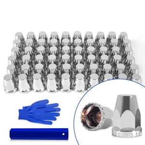 60pcs Lug Nut Covers 33mm Flat Top Thread-on For Semi Abs Chrome Plastic With 1 Pair Of Gloves And Cover Puller