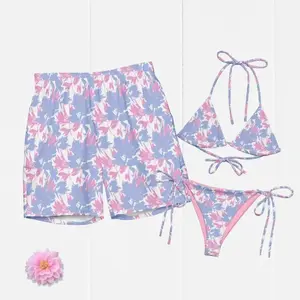 Tropical Rose Matching Swimwear Set Bikini Womens and Mens Swim Shorts Couple Beach Outfit Summer Vacation Gift for Him and Her