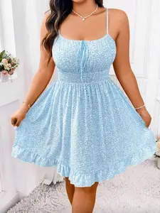 Boho Print Tie Front Pleated Hem Dress, Beach Vacation Set, Casual Summer, Perfect for Dates, Women's B8762
