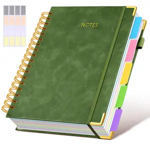 Hardcover Spiral Notebook journal with Removable Dividers Tabs, 300 Pages Leather 5 Subject Notebook College Ruled, 8"x10" Large B5 Notebooks for Work School Note taking, Lined Journal for Women,Green