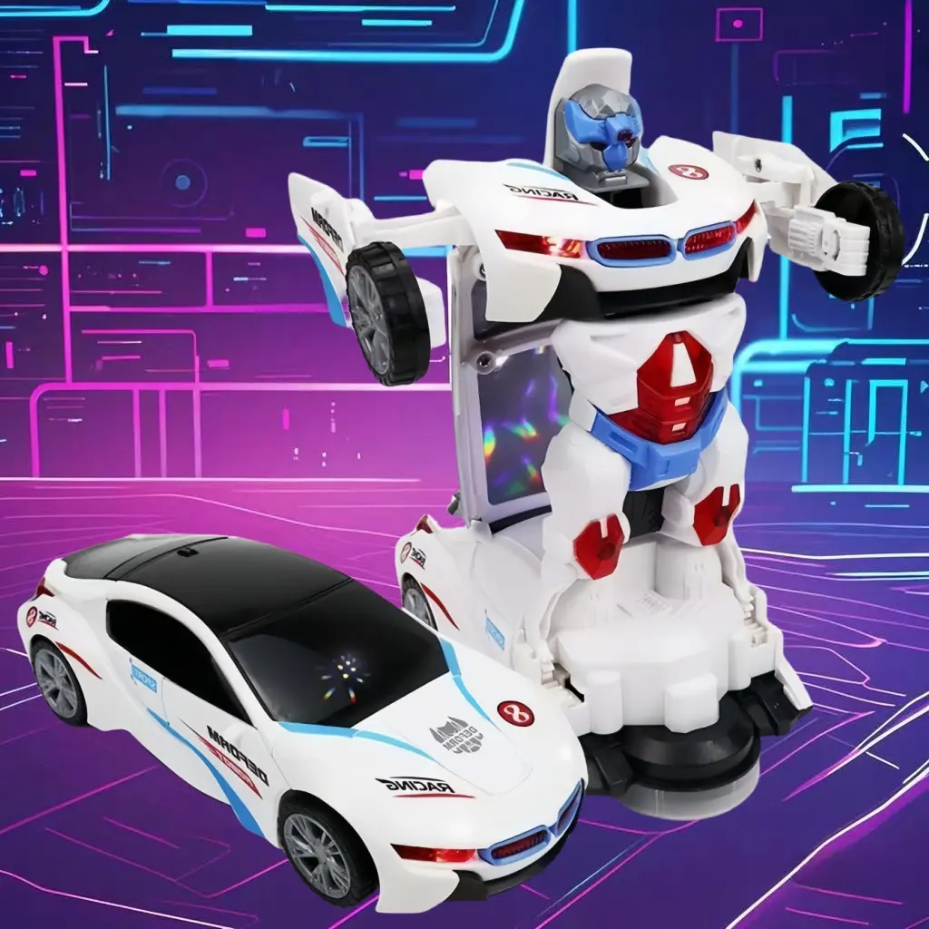 Automatic Transforming Robot Car Toy for Kids - 2-in-1 Transformer Car Racing Stunt Car with Flashing LED Lights, Music, One-Button Deformation & Obstacle Avoidance Function, Best Gift for Boys Girls