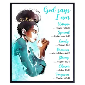 African American Women Bible Verse LARGE 11x14 - God Says You Are Wall Decor- Blue Inspirational Christian Decor - spiritual Religious Scripture Encouragement Gifts - Black Girls Bedroom Wall Art