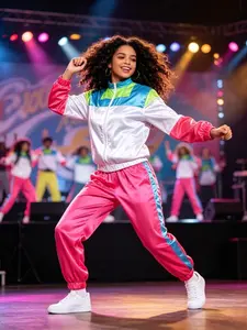 Couple with 80s disco sportswear | Men's and women's retro jogging clothes | Theme party back-to-school stage performance clothes Fluorescent color block jacket + side striped pants Back-to-school stage performance clothes