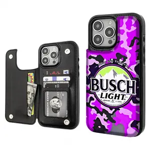 BUSCH LIGHT Beer Lover Luxury Unique Trendy Pattern Aesthetics Card Holder Wallet Aesthetic Pattern Black Casing For iphone 16 15 14 13 12 PRO PLUS MAX PU Leather Stylish Gift Shockproof Protection Anti-Drop Protective Protector Phone Cases Shell Cover
