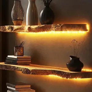 Rectangular Live Edge Solid Wood LED Shelf Modern Lighted Wall Storage Rack 36‘’L×10‘’W for Home Decor