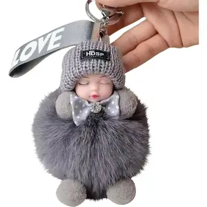 Cute Fluffy Sleeping Baby Doll Keychain Plush Funny Keychains Doll Pom Pom Keychain For Girls Backpacks Pendant