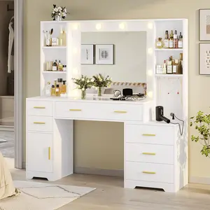 Hasuit 48.8'' Large Stylish Illuminated High-Brightness Multi-Function Glass-Top Makeup Vanity Desk with Lighted Mirror, Power Outlet, 6 Drawers, 4 Shelves,  Cabinet & 3 Lighting Modes for Bedroom, Stylish Makeup Vanities, High-Brightness Makeup