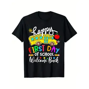 Back To School Happy First Day Teacher And Bus Driver T-Shirt Unisex Cotton Casual Round Neck Short Sleeve Summer Stretch Comfort Fit