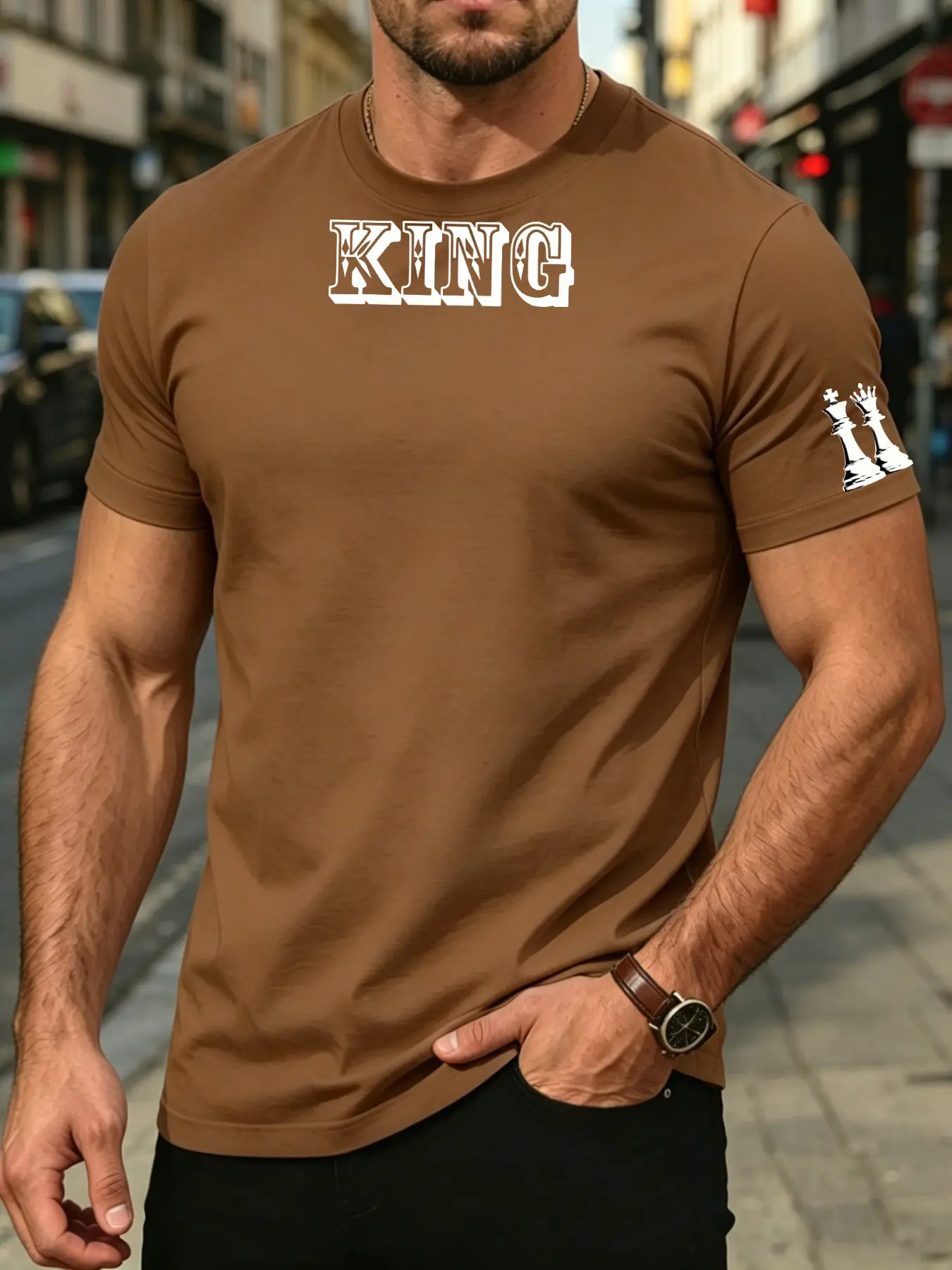 Men's Trendy Chess Piece Print T-Shirt, Casual Short Sleeve Round Neck Top, Comfortable Summer Slim Fit Tee, Essential Fashion Apparel