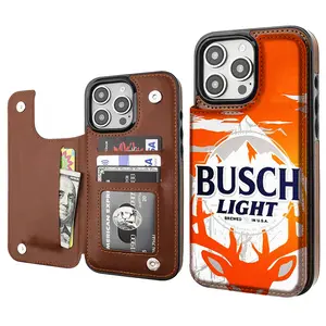 BUSCH LIGHT Beer Lover Luxury Unique Trendy Pattern Aesthetics Card Holder Wallet Aesthetic Pattern Brown Casing For iphone 16 15 14 13 12 PRO PLUS MAX PU Leather Stylish Gift Shockproof Protection Anti-Drop Protective Protector Phone Cases Shell Cover