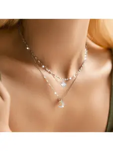 Elegant Moon Starburst Double Layer Necklace, Delicate Chain Pendant Jewelry, Stylish Lunar Design Accessory for Women
