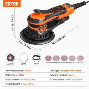 VEVOR Random Orbital Sander 6-Inch, 350W Brushless Orbital Sander, 10, 000 PRM 6 Variable Speed Electric Palm Sander with 10PCS Sandpapers, Dust Connector Hose for Woodworking Detailing Sanding