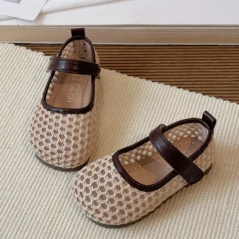 Girls' Mesh Knit Round Toe Mary Jane Shoes with Adjustable Buckle, Anti-Slip Soft Sole, Vintage Style Breathable Flats, Suitable for Daily Use, Soft Footwear
