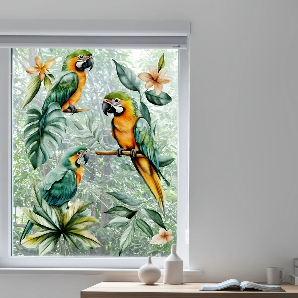 A new style branch, bird and parrot window sticker (30*40cm), double-sided visible static glass sticker, window decoration sticker D18629