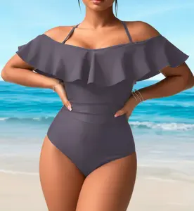Women's Off-Shoulder Ruffle One-Piece Swimsuit, Halter High-Waisted Tummy Control Monokini, Slimming and Body-Hugging Swimwear for Beach Vacations, Pool Parties, and Holiday Photos – Curve-Friendly Solid One-Piece Swimsuit