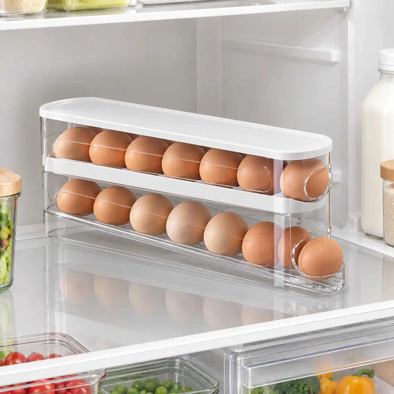 Double-Layer Auto-Rolling Egg Dispenser for Fridge, 2 Units 30cm (11.8in) First-In-First-Out Slim Lid Design, Fridge Organizers and Storage, Refrigerator Accessories, Kitchen Gadgets Holds 14 Eggs