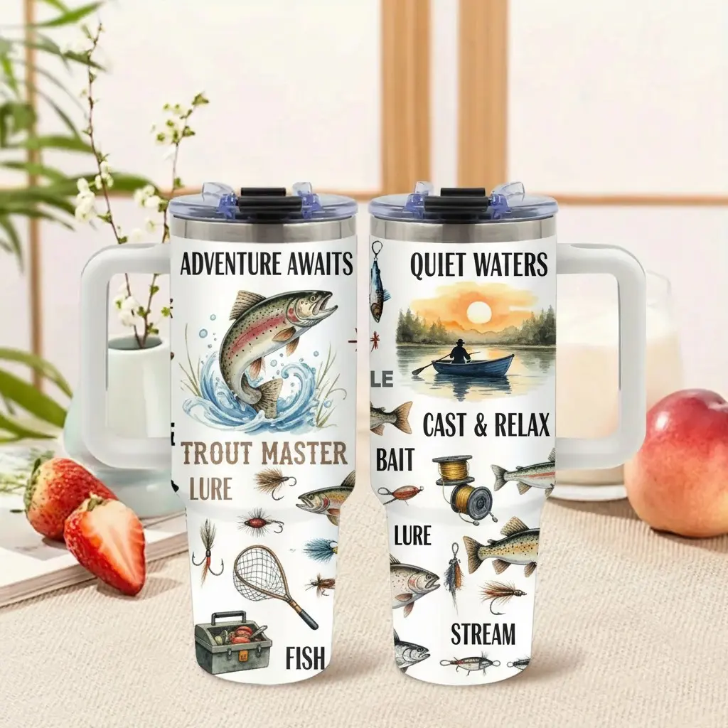 1-Pack 40oz Stainless Steel Fishing Tumbler with Handle, Lid & Straw - BPA-Free, Leak-Proof, Fish Design with Lures & Hooks - Car & Home Use, Father’s Day/Birthday Gifts for Men, Fishing Enthusiasts