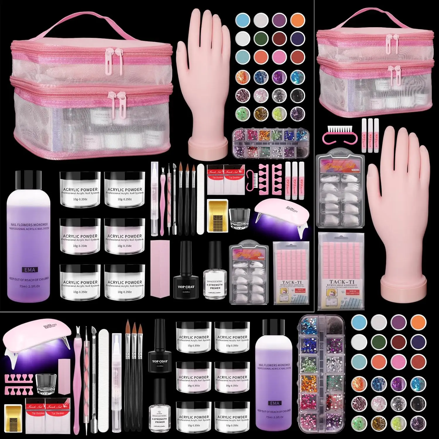 6-Pieces All-Inclusive Acrylic Nail Kit for Beginners - UV Lamp, Practice Hand, Crystal Smooth Professional Manicure Supplies in Pink Bag for Home Salon (Pink-1) - Master Real-World Techniques, Precise Color Blending, Nail Care, Home Salon Size, Reliabili