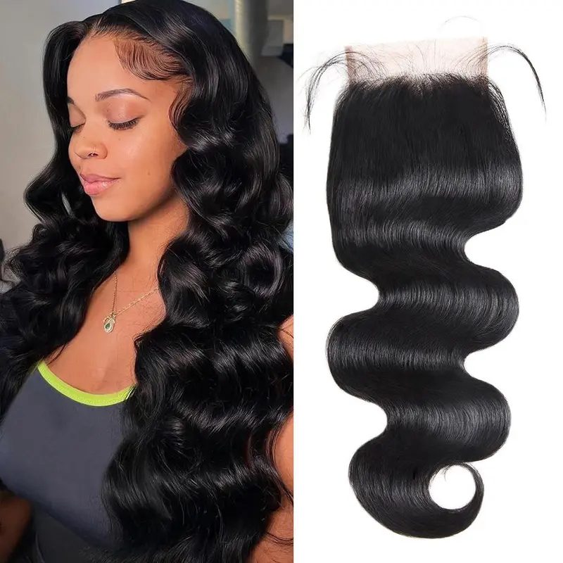 Brazilian Virgin Human Hair Lace Closure - 2x6 & 4x4 Sizes, Body Wave & Straight Options, 12-20 inch, Glueless, Free Part Lace, Pre-Plucked Ends, Deep Parting, Sew-In Compatible