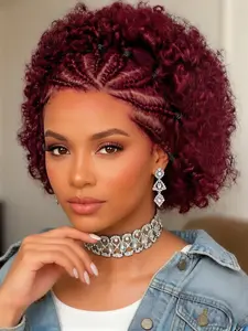 13x4 Lace Front Braided Human Hair Wig, Burgundy Color with Curly Ends, Natural Cornrow Style Wigs for Women, Elegant & Stylish