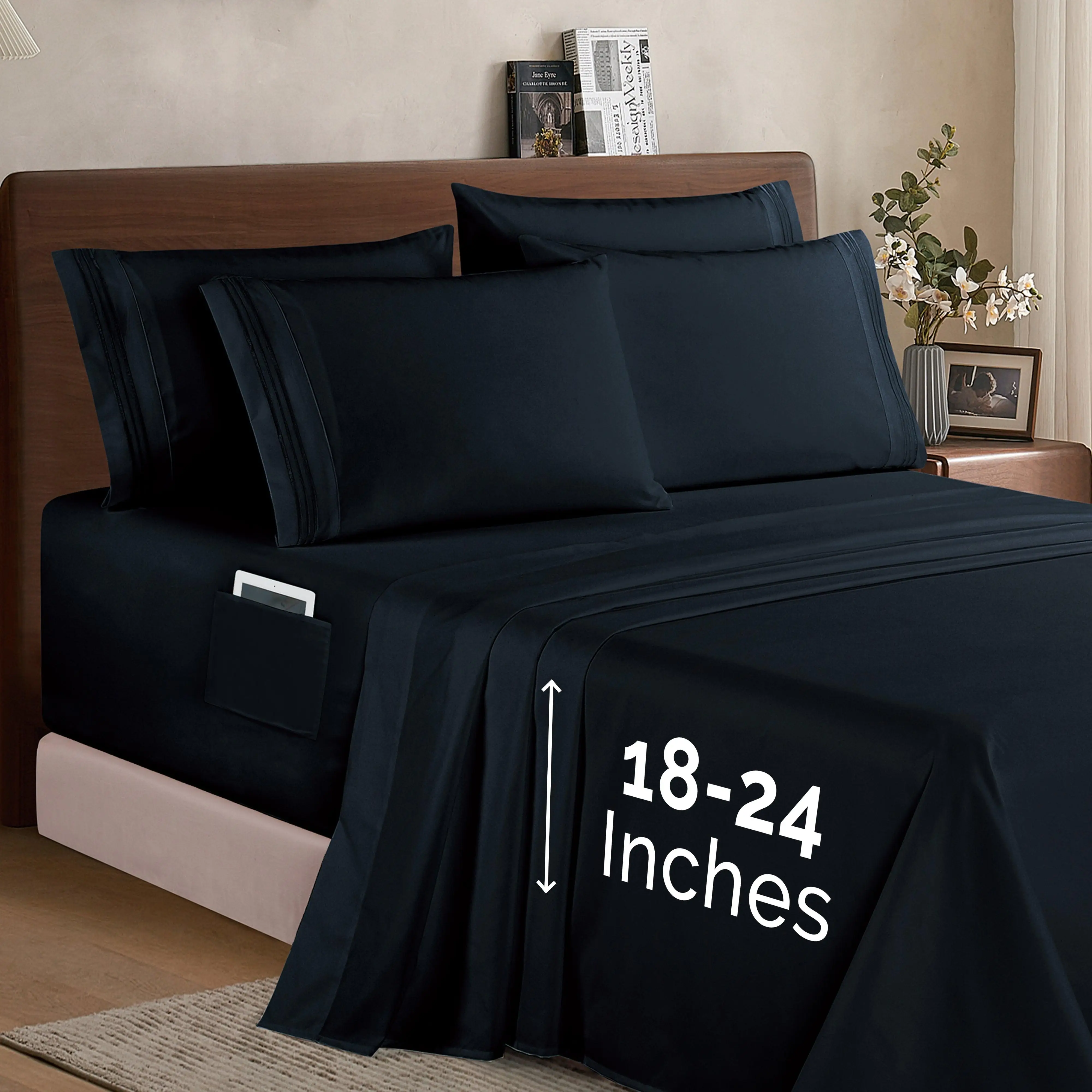 Elegant Comfort Extra deep 18-24 Inch Pocket 3 Line Embroidery, 6-Piece Sheet Set, Moody Shades
