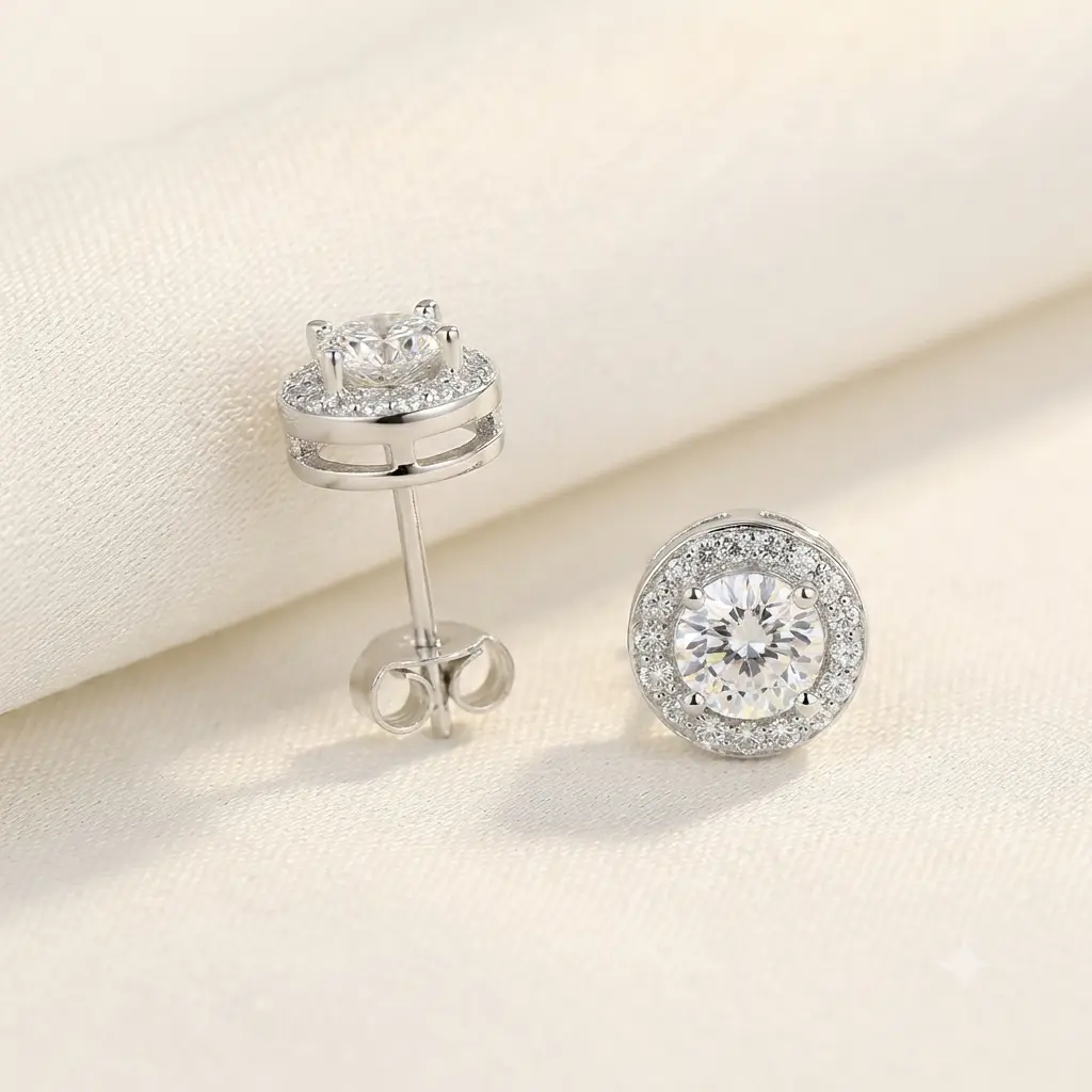Moissanite Halo Stud Earrings For Women Round Cut Diamond Look Sparkle Earrings Elegant Luxury Jewelry Gift For Her