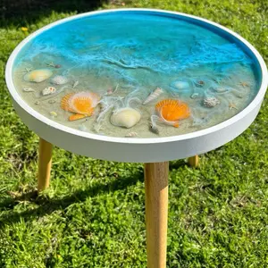 Custom Resin Side Table with real Seashells, Small Resin Table, Coffee Resin Table, Unique Resin Table, Small Side Table