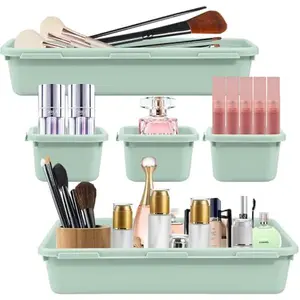 Drawer Inserts 16 Pieces Separation System Spice Organiser Drawer Green Separator Bathroom Organiser Boxes Set with Silicone Non-Slip Kitchen Desk Utensils Living Room Bathroom Desk Organize
