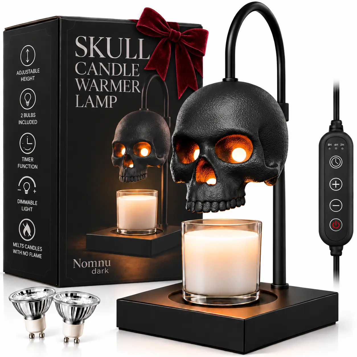 Nomnu Skull Candle Warmer Lamp with Timer & Dimmer – Adjustable Height Gothic Candle Lamp (Candles Not Included)