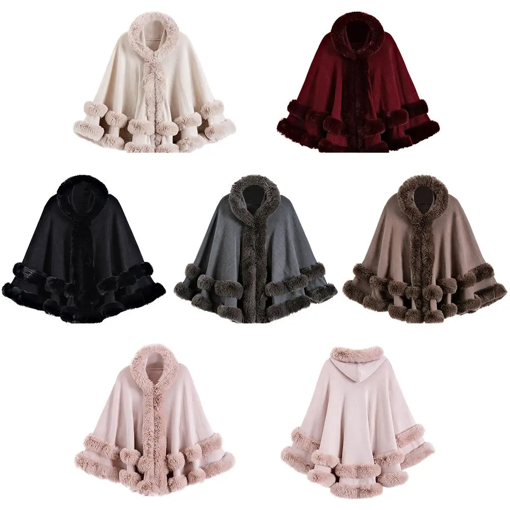 Oversized Knitted Cape Outer Shawl Artificial Fur Collar Hooded Warm Jacket Cardigan Elegant Fabric Womenswear